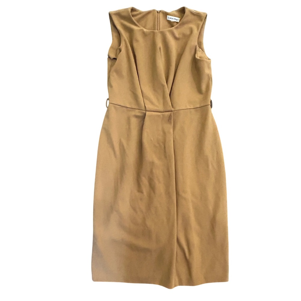 Calvin Klein Tan Camel Sleeveless Pleated Surplice Sheath Dress Womens 8